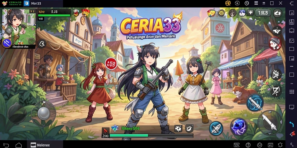 Tampilan gameplay CERIA33 dengan karakter anime penuh warna.