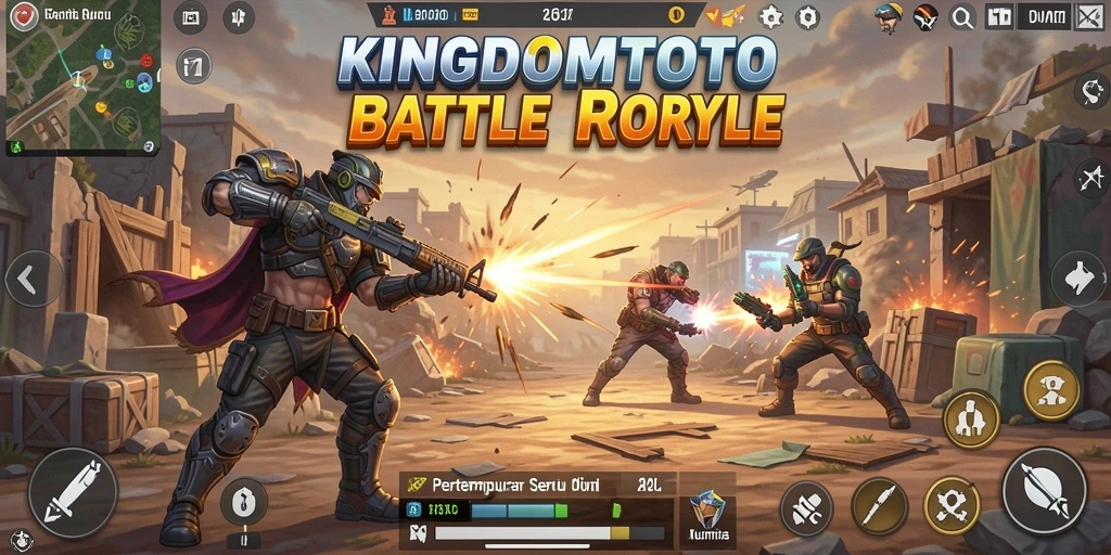 Screenshot KINGDOMTOTO menampilkan aksi seru dalam pertempuran Battle Royale.