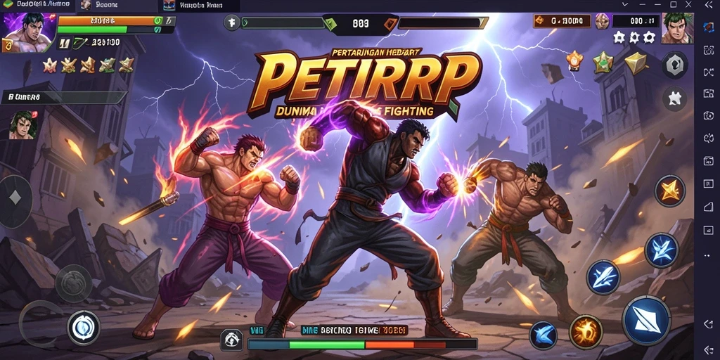 Screenshot utama PETIRRP menampilkan pertarungan epik antara karakter yang berbeda.